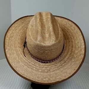 Resistol Woven Mexican Palm Wide Brim Cowboy Hat Size 7 3/8 Tan w/Leather Band